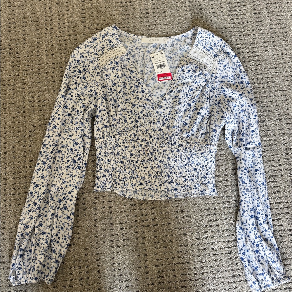 ASTR White and Blue Floral Top